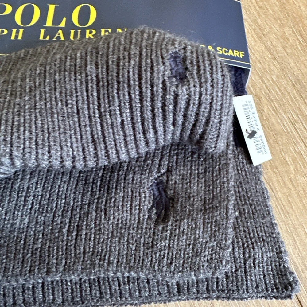 Polo Ralph Lauren Hat & Scarf Set Gray & Navy Blue, Embroidered Pony BRAND‎ NEW